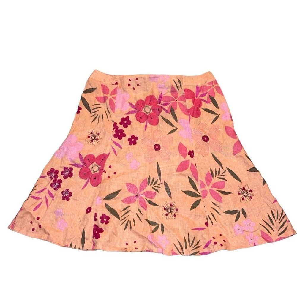 NWT Vintage Avenue Sz 14 100% Linen All Over Print Floral Embroidered Skirt Boho